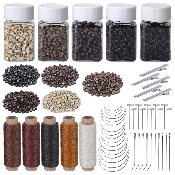 Fedmut Hair Extensions Kit, 28 PCS Hair Extensions Needles, 457 Yard Sewing Threads, 2500 PCS Lined Micro Beads, 5 Metal Hair Clips Hair Tools for Hair Extensions Hand Sewing Wig DIY Craft