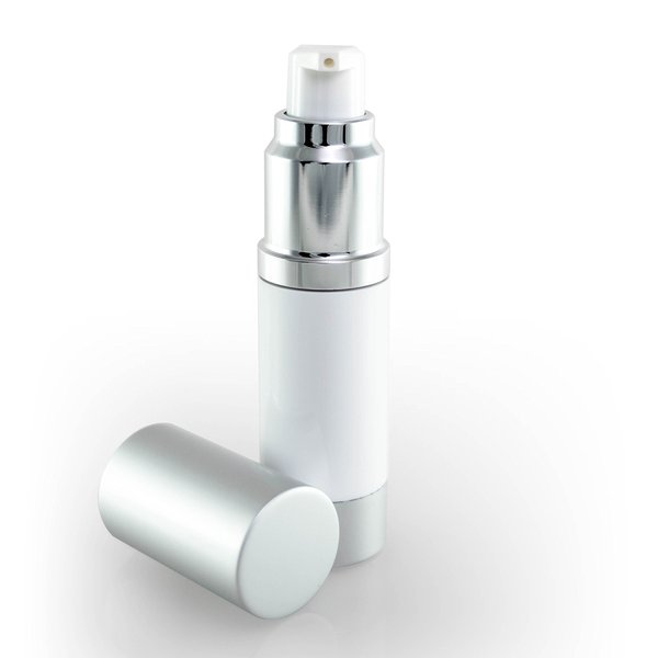 Cosmetic Packaging Now! Luxe Airless Bottle, 15 ML, White Bottle with Matte Silver