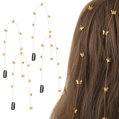 Andibro 4Pcs Butterfly Hair Chain, Long Tassel Hair Chains for Braids, Golden Butterfly Hair Clip Chains Butterfly Hair Accessories for Girls Children Bridal Wedding Accessories