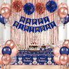 Rose Gold Birthday Party Decorations for Women Girls Blue Gold Birthday Banner and Rose Gold Birthday Balloons Garland Curtains Tablecloth Butterfly Wall Tissue Pompoms Navy Blue Birthday Supplies