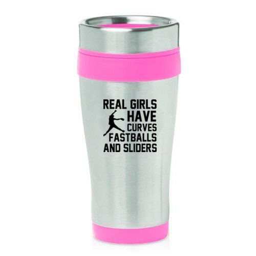 16oz Insulated Stainless Steel Travel Mug Real Girls Have Curves Softball (Pink)