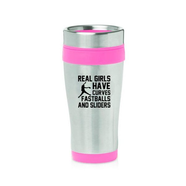 16oz Insulated Stainless Steel Travel Mug Real Girls Have Curves Softball (Pink)