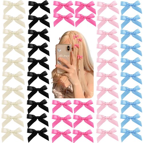 50Pcs Mini Hair Clips for Women Girls Black Blue Hair Ribbon Clips Small Bowknot Barrettes White Pink Satin Bow Hair Clips Cute Hair Clips Pins Metal Y2k Hair Accessories for Braids Teens Toddlers