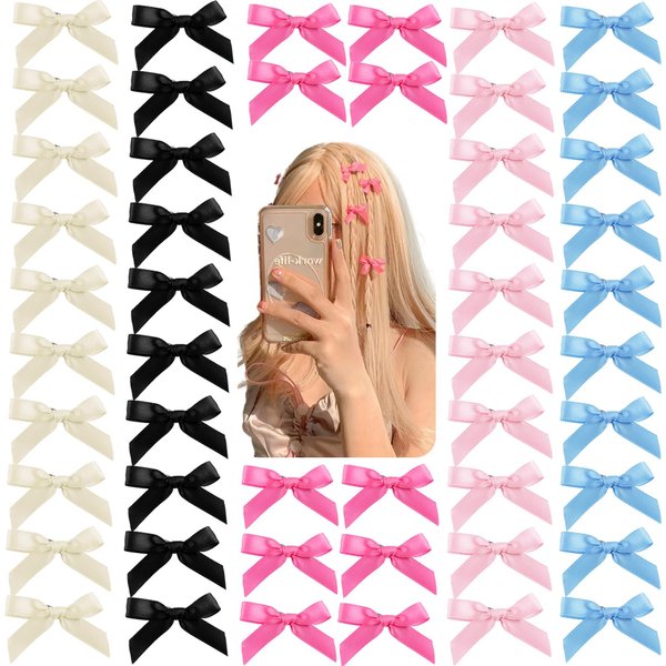 50Pcs Mini Hair Clips for Women Girls Black Blue Hair Ribbon Clips Small Bowknot Barrettes White Pink Satin Bow Hair Clips Cute Hair Clips Pins Metal Y2k Hair Accessories for Braids Teens Toddlers