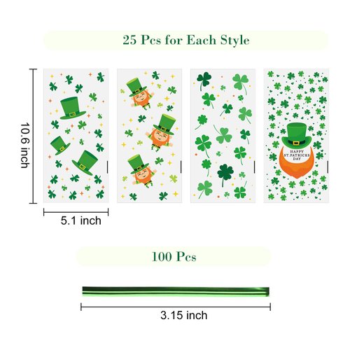 sorkwo 100 Pcs St. Patrick's Day Cellophane Treat Bags Clover Cellophane Bags Shamrock Candy Bags Irish Lucky Bags with 100 Twist Ties for Saint Patrick Day Party Favor