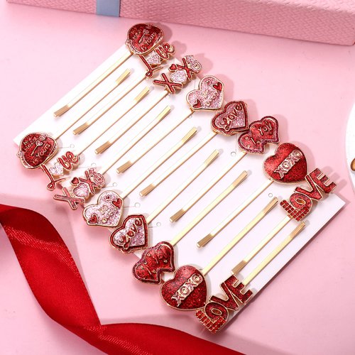 10/16PCS Valentine’s Day Hair Clips for Women Glitter Love Heart Hair Clips Sweet XOXO Bobby Hairpins Costume Party Valentine’s Day Accessory Gifts for Her