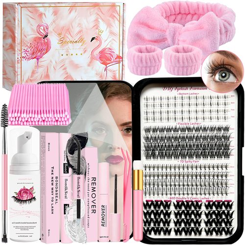 DIY Lash Extension Kit 212Pcs Lash with Bottom Lash Clusters Lash Bond and Seal,Quick Glue Remover Lash Shampoo Cleansing Brush Headband Wristband Tweezers Eyelash Brush Mini Applicator