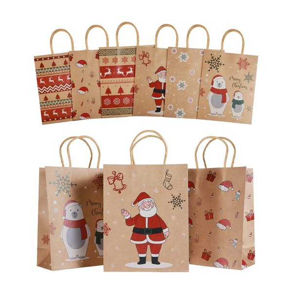 Mjokoj 24-Pack Kraft Paper Gift Bags - 6 Christmas Designs, 8.85x7.08x3.5 Inches with Handles - Holiday Party Favor Bags