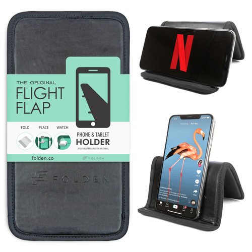 Folden Airplane Phone Holder, Foldable Cell Phone Stand Desk – Flexible Tablet Phone Holder for Bed, Desk, Office, Treadmill – Mobile Stand Phone Accessories, Plane Travel Essentials (Vegan Leather)