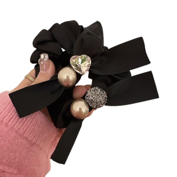 Generic 2 PCS Black Bow Hair Ties Bands Satin Hair Scrunchies for Women Girls Thick Curly Hair Ponytail Holders Cute Fancy Pony Tails (Silver/Diamond-Cut Heart With Pearl)
