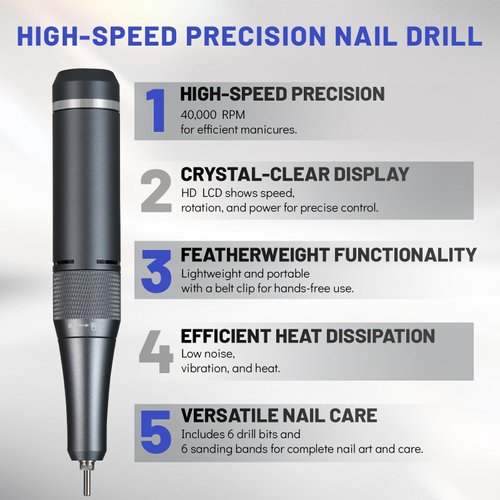 Aokitec Electric Nail Drill - 40000RPM Rechargeable Portable Nail Filer Machine with Nail Drill Bits Sanding Bands for Acrylic/Gel Nails Removal Manicure Pedicure Kit for Salon Home Use