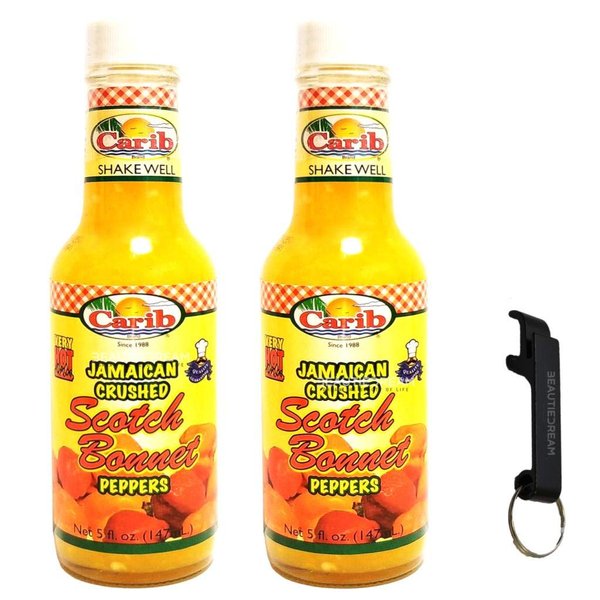 Carib Jamaican Yellow Crushed Scotch Bonnet Peppers 5oz Pack of 2 Sealed with ODatzGood and Keychain Bottle Opener (Pack of 2)