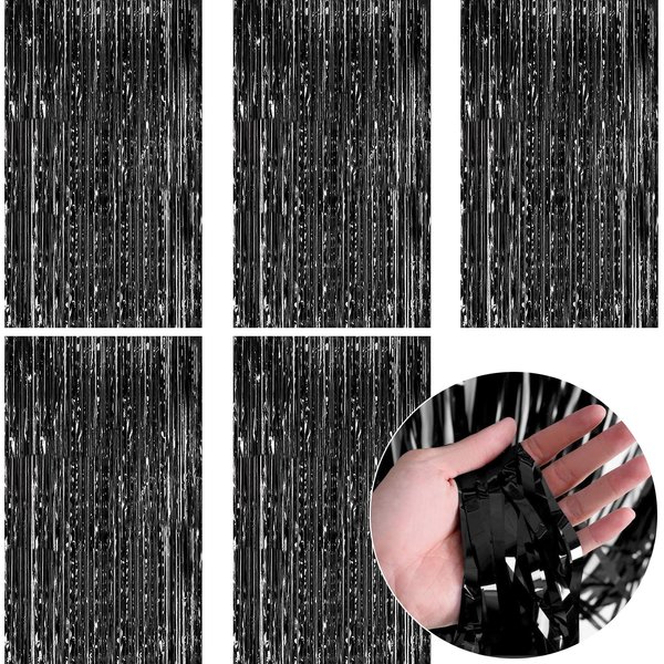 Black Streamers for Black Party Decorations-SINBEE Black Foil Fringe Curtain Black Birthday Decorations Black Fringe Backdrop for Halloween- 5 Packs