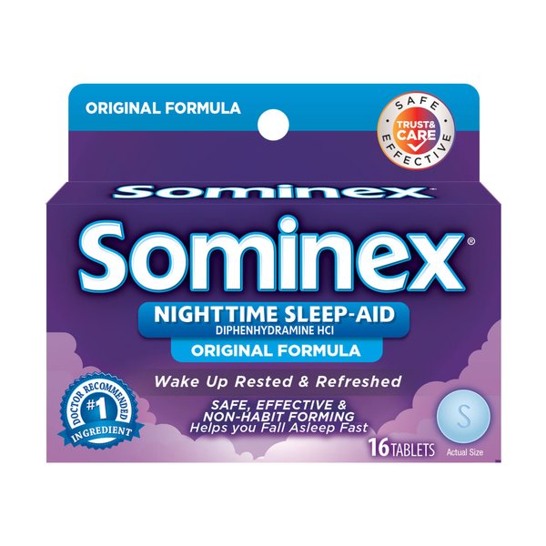 Sominex Nighttime Sleep-Aid, Safe and Effective, Non-Habit Forming, Original Formula, 16 Tablets