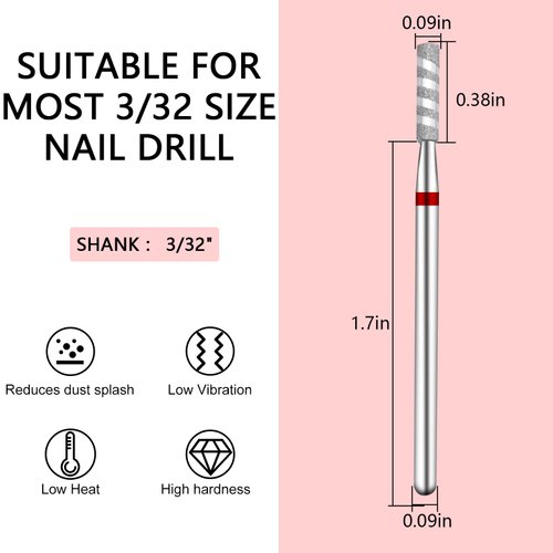 C12rtive Nail Drill Bits Diamond Carbide Spiral Cylinder Cuticle Remover Bit,3/32" Shank,Threaded Professional Diamond Carbide Nail Drill Bit for Acrylic Gel Nails,Home Salon & DIY(Fine)
