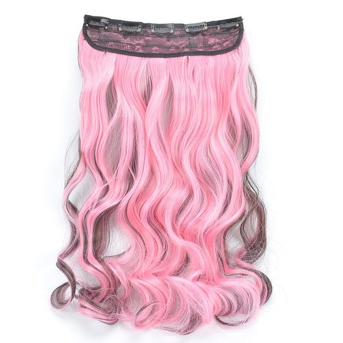 Vieuinaux 18inch Long 3/4 Full Head One Piece Curly Wave Short Clips in on Synthetic Hair Extensions Hair Pieces for Women 5 Clips Hairpieces (Brown/Light Pink Mixed)