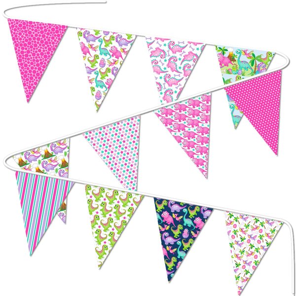 Fabric Pink Pennant Banner for Dinosaur Girls, Pink Dinosaur Birthday Banner for Girls, Pink Baby Dinosaur Birthday Party Supplies for Kids Teens, Dinosaur Birthday Party Indoor Outdoor Decorations