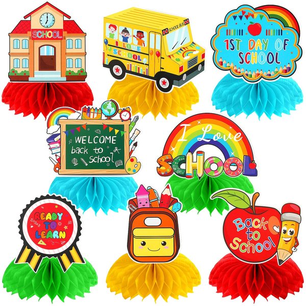JULMELON Back To School Decorations Honeycomb Centerpiece, 8 PCS Welcome Back To School Supplies for Classroom First Day of School Table Toppers Decor for Kids and Teacher Party Favors