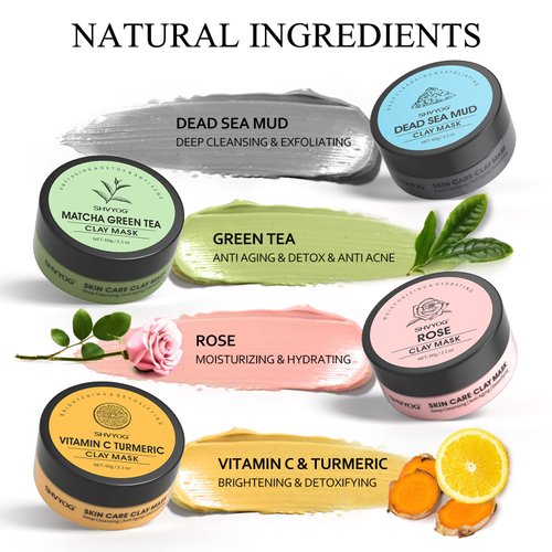 4 Pcs Clay Facial Mask Set - Turmeric, Vitamin C, Green Tea, Dead Sea Mud, and Rose Clay for Deep Cleansing, Moisturizing, and Refining Pores - 240g
