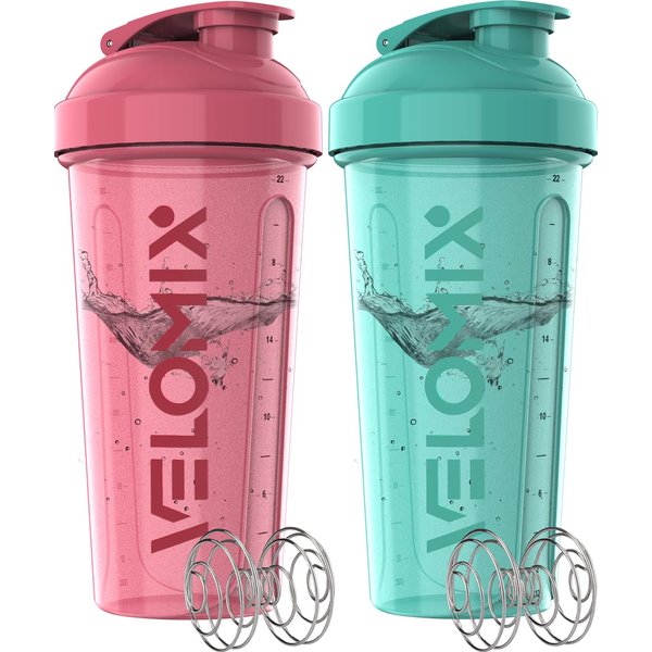 VELOMIX -2 Pack- 28 oz Protein Shaker Bottles for Protein Mixes - 2x Wire Whisk | Leak Proof Shaker Cups for Protein Shakes | Protein Shaker Bottle Pack | Shakers for Protein Shakes-Pink&Turquise