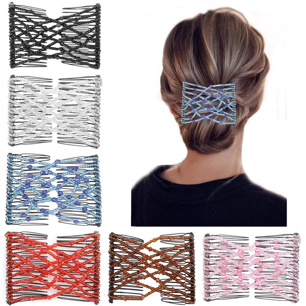 6 Pcs Magic Hair Combs, Youthful Vintage Stretch Beaded Hair Combs Elastic Pearls Hair Clips Stretchy Bead Hairpins Double Slides Hair Combs for Women Ladies Girls DIY Hair Styling Accessories (6)