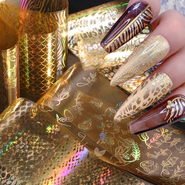 Gold Nail Foil Transfer Stickers Nail Art Supplies Holographic Laser Star Moon Flower Heart Abstract Face Designer Nail Stickers 3D Glitter Line DIY Design Manicure Accessories Decoration 16 Sheets