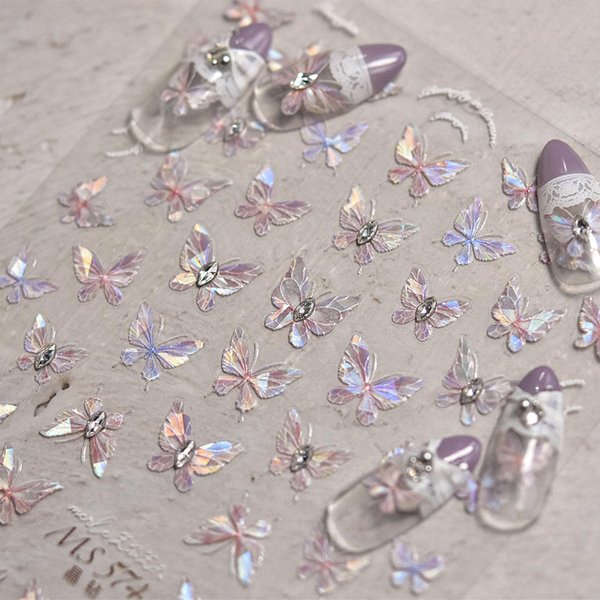 Rhinestone Butterfly Nail Stickers - Diowino Shell Light Purple Butterfly Relief Nail Decals Japanese Style Retro Crystal Rhinestone Butterfly Aurora Nail Art Sticker 5D Back Adhesive Nail Accessories