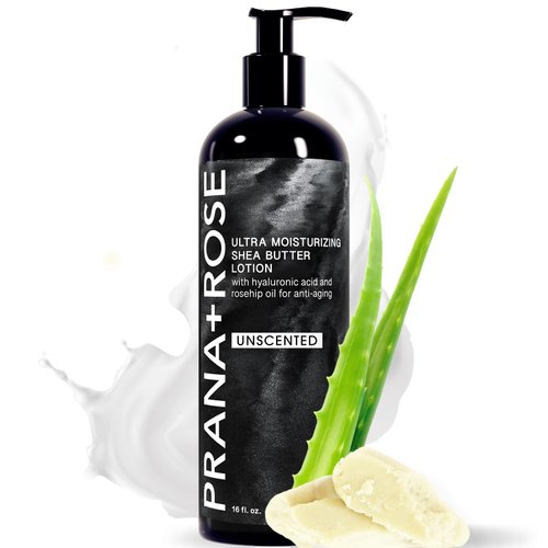 PRANA+ROSE Ultra Moisturizing Shea Butter Lotion with Hyaluronic Acid and Rosehip Oil for anti-aging ORGANIC VEGAN body and hand lotion 16oz (Unscented)