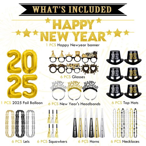 DMIGHT New Years Eve Party Supplies 2025, New Years Decorations, Party Favors Including Ballons, Banner, Top Hats, Headband Tiaras, Horns, Squawkers, Glasses, Leis Necklaces
