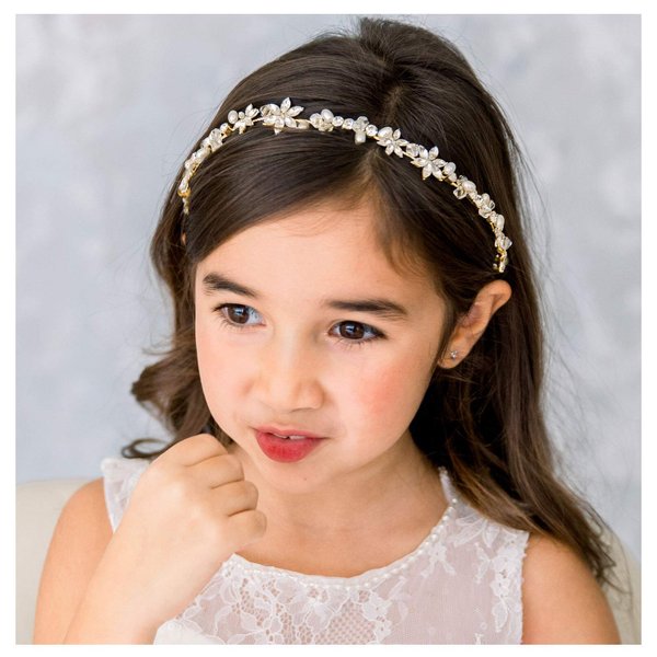 SWEETV Gold Flower Girl Headpiece for Wedding Crystal Floral Girls Headband Princess Hair Accessories for Birthday Party, Photography