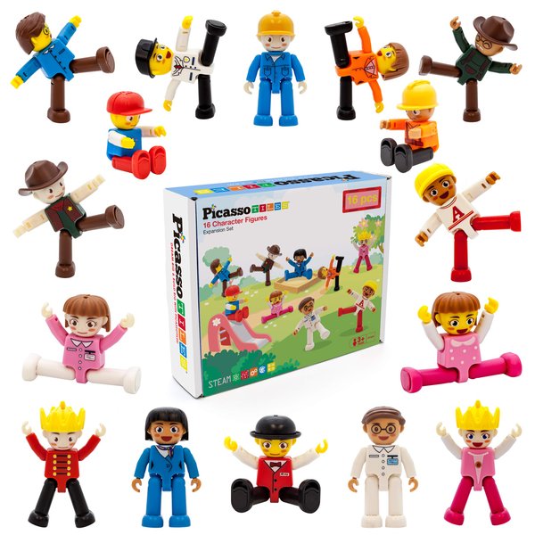PicassoTiles 16 Piece Character Action Figures Toddler Toy Set Expansion Pack Magnetic Construction Blocks STEM Pretend Play Toys Building Tiles PTA08