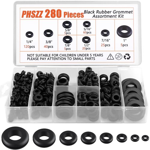 PSHZZ 280 PCS Rubber Grommets Kit, Rubber Hole Grommet Gaskets Assortment for Wiring, Wire, Automotive, Firewall, Sheet Metal, Hardware Repair, 8 Sizes 1/4" 5/16" 3/8" 7/16" 1/2" 5/8" 7/8" 1"