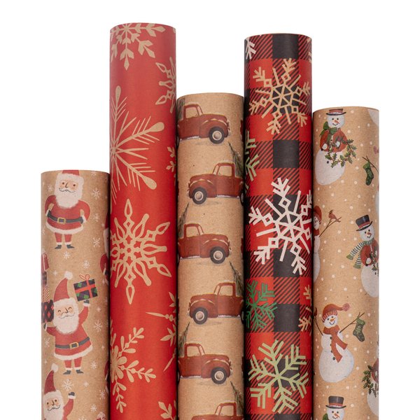 JAM Paper Assorted Gift Wrap - Christmas Kraft Wrapping Paper - 125 Sq Ft Total - Kraft Christmas Set - 5 Rolls/Pack