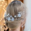 CASOLVX Bridal Ceramic Flower Hair Comb Crystal Headside Comb Set Rice Bead U-shaped Hairpin Wedding Accessories for Bride and Bridesmaids 3PCS