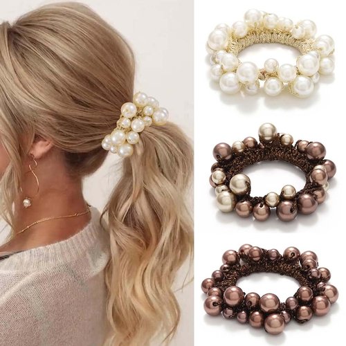 Fashey Pearl Hair Ties Beaded Hair Scrunchies Elastic Ponytail Holder 3 Pcs Pearls Hair Bands Hair Accessories for Women (white,brown)
