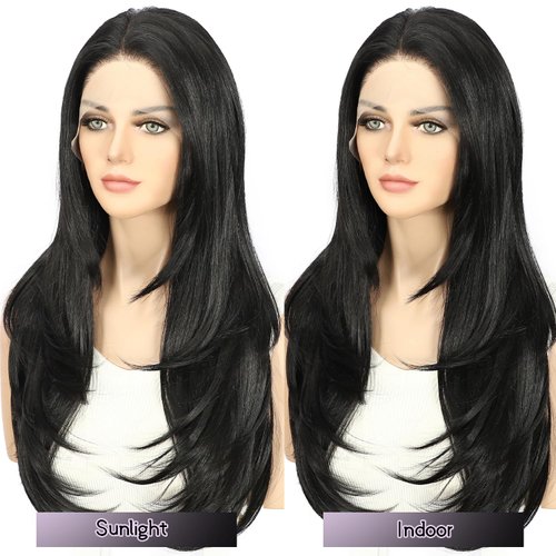 LLEI'Z 13x4 Short Kinky Straight Lace Front Wigs Natural Black Wigs Synthetic Lace Front Wig Middle Part Pre-plucked with Baby Hair Heat Resistant Hair Cosplay Daily Party Wigs Natural Looking 20 Inch