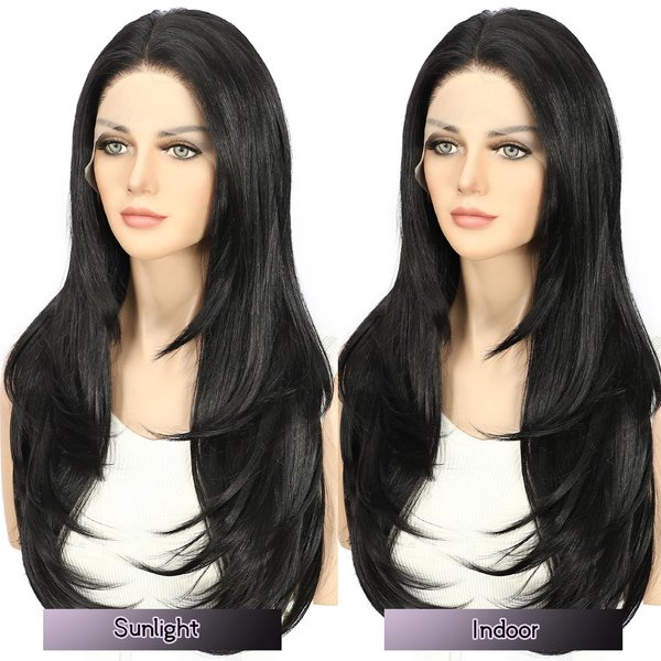 LLEI'Z 13x4 Short Kinky Straight Lace Front Wigs Natural Black Wigs Synthetic Lace Front Wig Middle Part Pre-plucked with Baby Hair Heat Resistant Hair Cosplay Daily Party Wigs Natural Looking 20 Inch