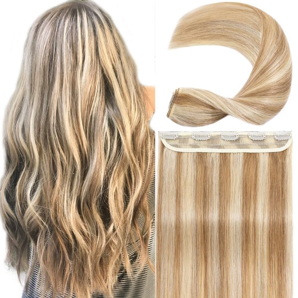 S-noilite Clip in Hair Extensions Human Hair Clip in Human Hair Balayage One Piece/5 Clips/3/4 Full Head Standard Weft Clip in Extensions #Golden Brown/Bleach Blonde 22"(55cm)-55g