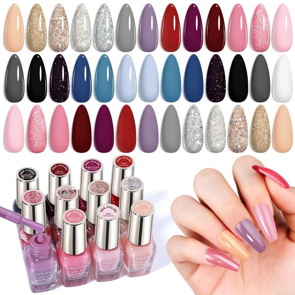SAVILAND Quick Dry Nail Polish 20pcs: Fall Classic Colors Regular Nail Polish Kit Glitter Solid Color Fingernail Tonenail Nail Art Polish Non Gel with Base Glossy Matte Top Polish Manicure Art Home