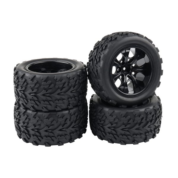 4x 1:10 RC Monster Truck Car Wheels Rubber RC Tires with 7 Spokes Wheel Rim Black RC Parts