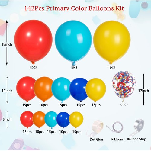 142Pcs Primary Color Balloon Kit for Circus & Carnival Themes, Superhero Birthdays for Kids and DIY Party Decorations: Red, Blue, Yellow, Orange Latex with Confetti Balloon