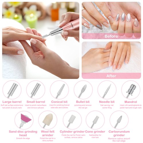 Rechargeable 35000 RPM Nail Drill, Portable E File Nail Drill, Cordless Professional Electric Nail File Kit with 11 Nail Drill Bits for Acrylic, Gel Nails, Manicure Pedicure, Polishing Shape