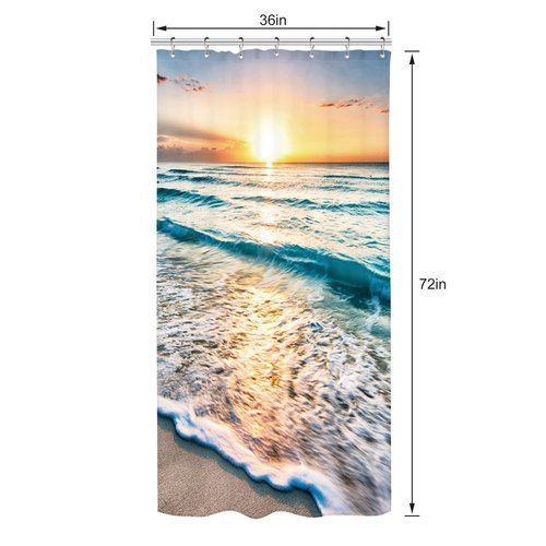 Riyidecor Stall Small Half Shower Curtain Beach Summer 36x72 Inch RV Mini Single Narrow Ocean Coastal Hawaiian Sunrise Sea Wave Seaside Scene Island Blue Cool Set Waterproof 7 Pack Hooks