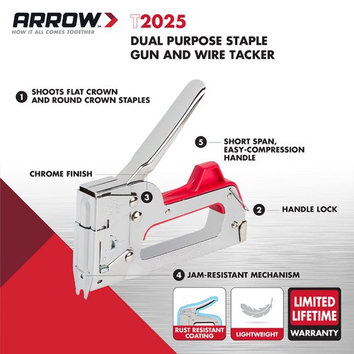 Arrow T2025 2-In-1 Staple Gun and Wire Tacker for Upholstery, Crafts and Low Voltage Wiring, Fits 3/8”, 7/16", or 9/16” Round Crown, or 5/16”, 3/8”, or 1/2" Flat Crown Staples