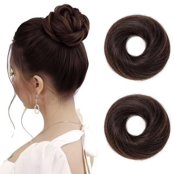 Hairro Messy Hair Bun Hair Piece Human Hair Bun Scrunchies Real Hair Updo Hairpieces Donut Elegant Chignon Wrap On Instant Up-do with Elastic Rubber Band Easy Bun For Women 2PCS 46g #02 Dark Brown