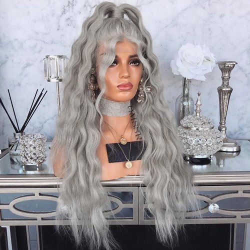 QMSSR Grey Lace Front Wigs Long Loose Wave Hair Gray Wig Heat Resistant Natural Curly Synthetic Lace Front Wigs for Fashion Women