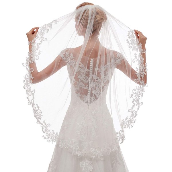EllieHouse Womens Short Fingertip Length 1 Tier Lace Ivory Wedding Bridal Veil with Metal Comb L69IV