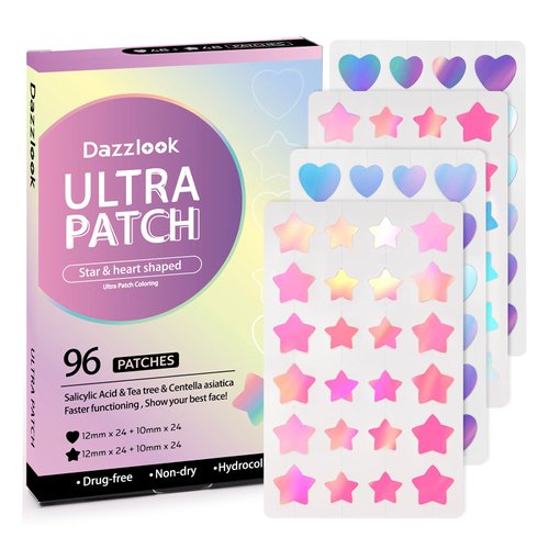 Dazzlook Star Acne Patch with Salicylic Acid Tea Tree Oil & Centella Asiatica, Hydrocolloid Pimple Stickers Iridescent Colors 96 Pcs 2 Sizes, Cute Star Heart Shaped Zits Blemishes Breakouts Patches