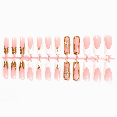 MISUD Press on Nails Long Square Fake Nails Glossy Glue on Nails 3D Gold French Tip Acrylic Nails Squoval Artificial Nails Cross Rhinestone Stick on False Nails with Design 24 pcs