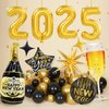 Happy New Year Decorations 2025 with Black Gold Confetti Balloons 2025 Number Balloons New Year Banner Gold Fringe Curtain Backdrop Champagne Balloon for New Years Eve Party Nye Decorations